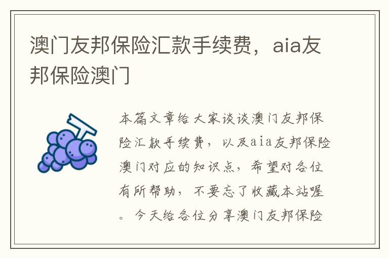 澳门友邦保险汇款手续费，aia友邦保险澳门