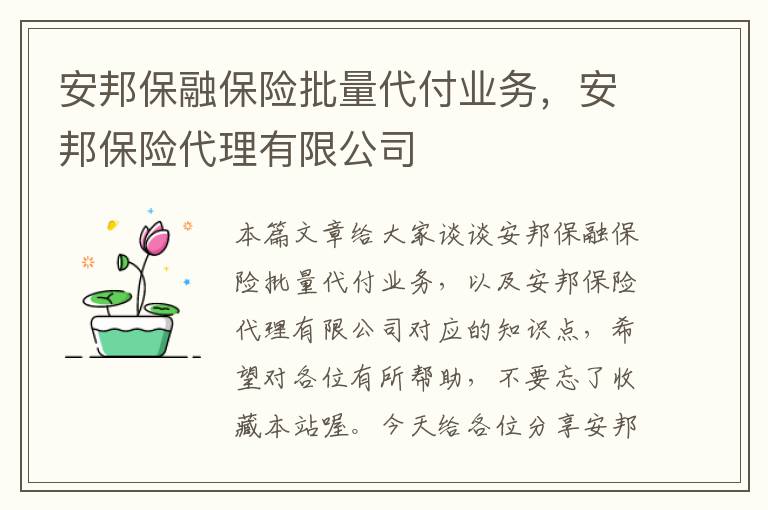 安邦保融保险批量代付业务，安邦保险代理有限公司