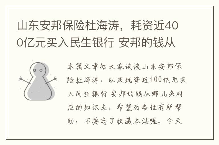 山东安邦保险杜海涛，耗资近400亿元买入民生银行 安邦的钱从哪儿来