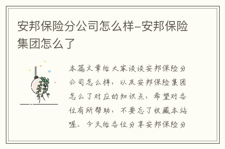 安邦保险分公司怎么样-安邦保险集团怎么了