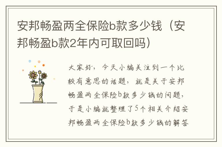 安邦畅盈两全保险b款多少钱（安邦畅盈b款2年内可取回吗）