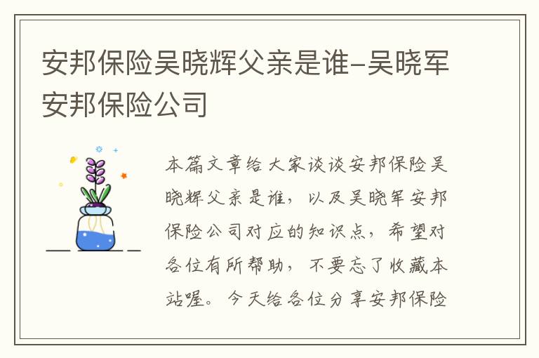 安邦保险吴晓辉父亲是谁-吴晓军安邦保险公司