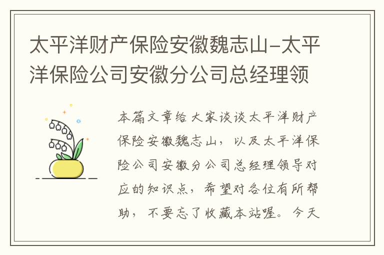 太平洋财产保险安徽魏志山-太平洋保险公司安徽分公司总经理领导