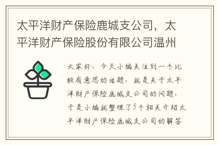 太平洋财产保险鹿城支公司，太平洋财产保险股份有限公司温州分公司