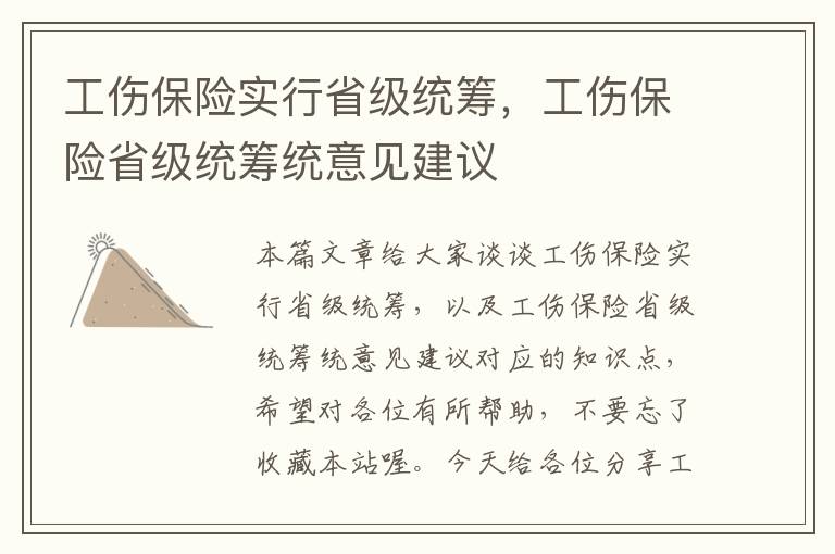 工伤保险实行省级统筹，工伤保险省级统筹统意见建议