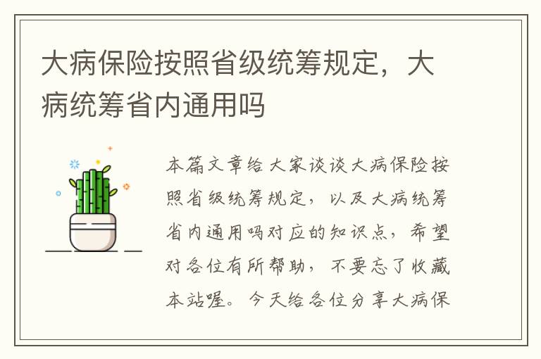 大病保险按照省级统筹规定，大病统筹省内通用吗