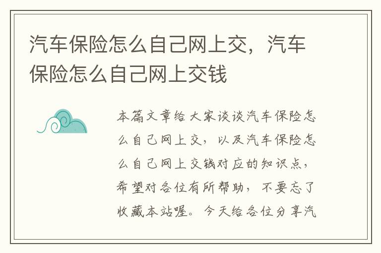 汽车保险怎么自己网上交，汽车保险怎么自己网上交钱