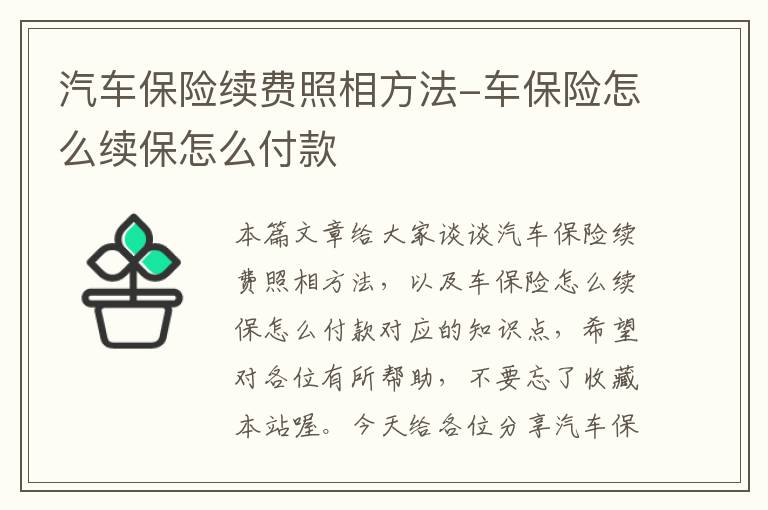 汽车保险续费照相方法-车保险怎么续保怎么付款