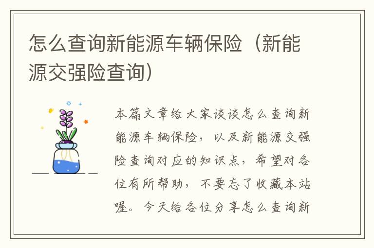 怎么查询新能源车辆保险（新能源交强险查询）