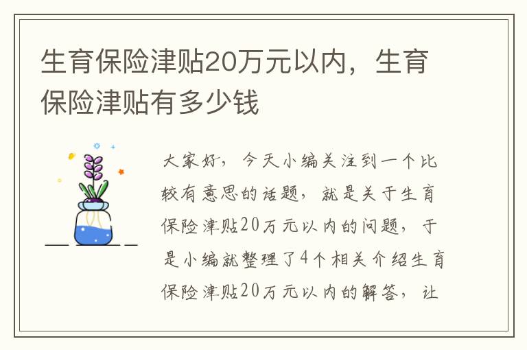 生育保险津贴20万元以内，生育保险津贴有多少钱